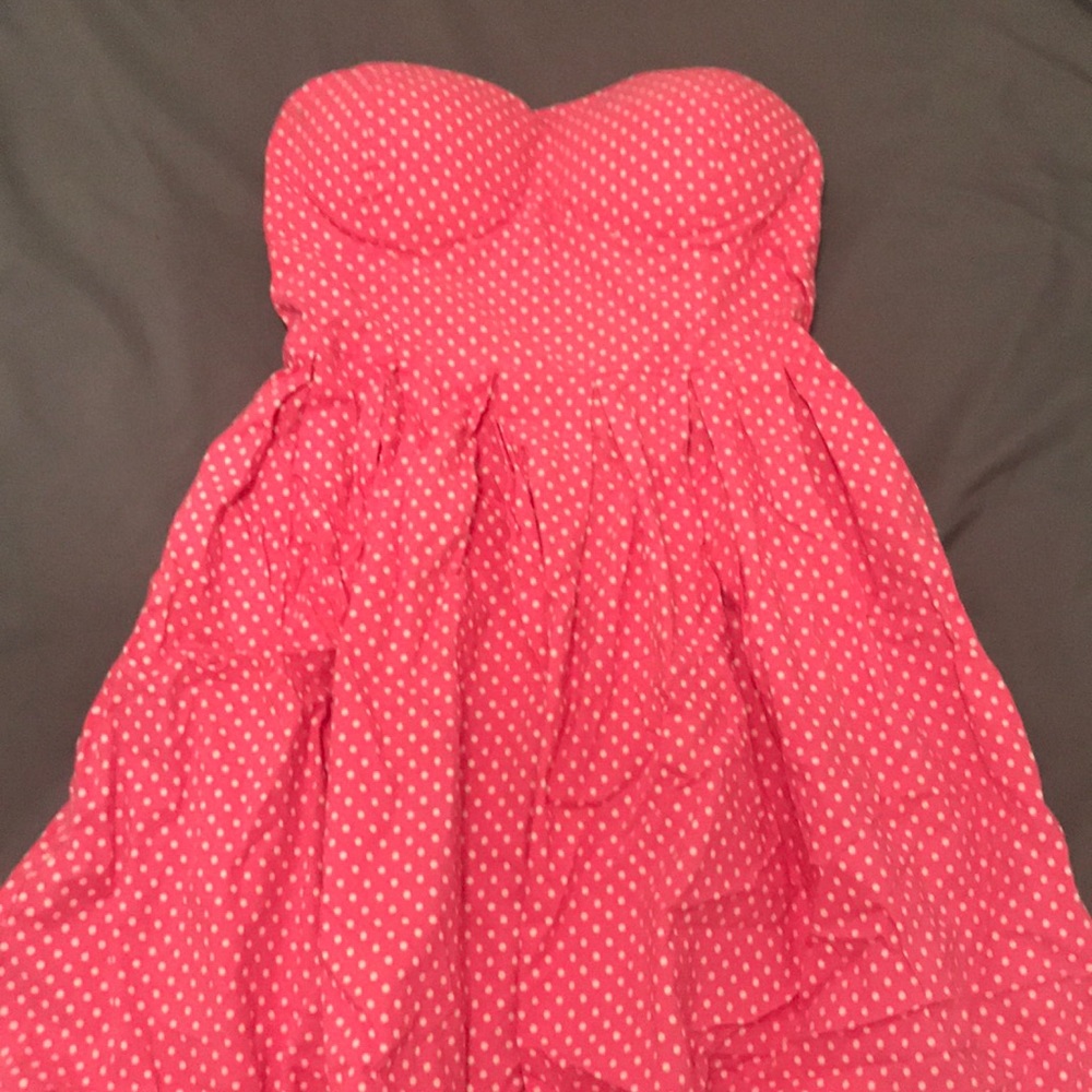 Pink and white polka dot strapless dress